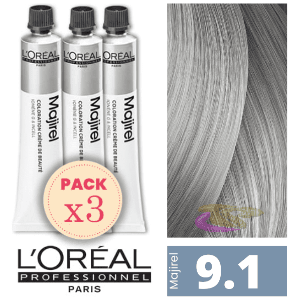 L`Oréal - Pack 3 Tintes MAJIREL 9.1 Rubio Muy Claro Ceniza 50 ml